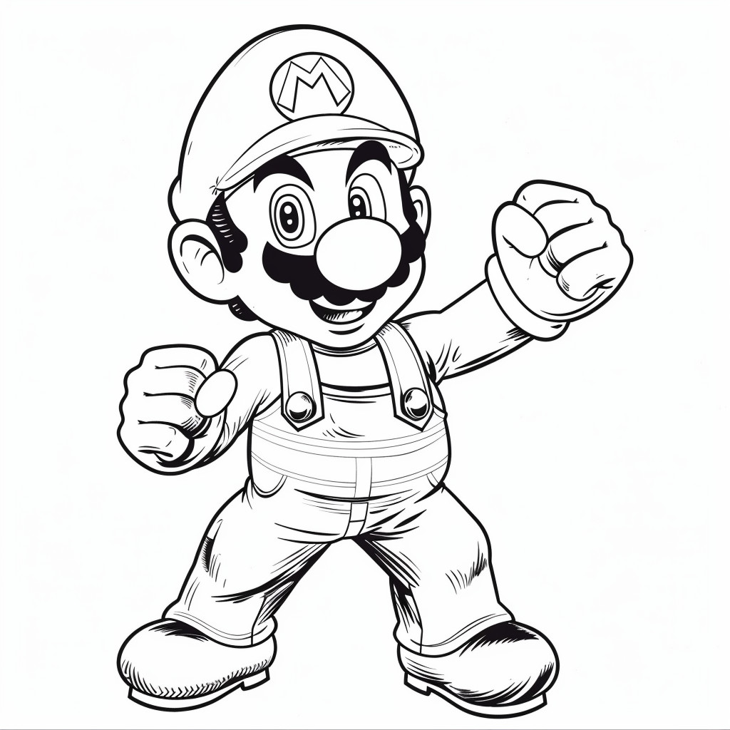 Desenhe uma imagem de super mario bros para colorir a imagem deve ser em preto e branco sem sombras e sem preenchimento adequada para crianas colorire