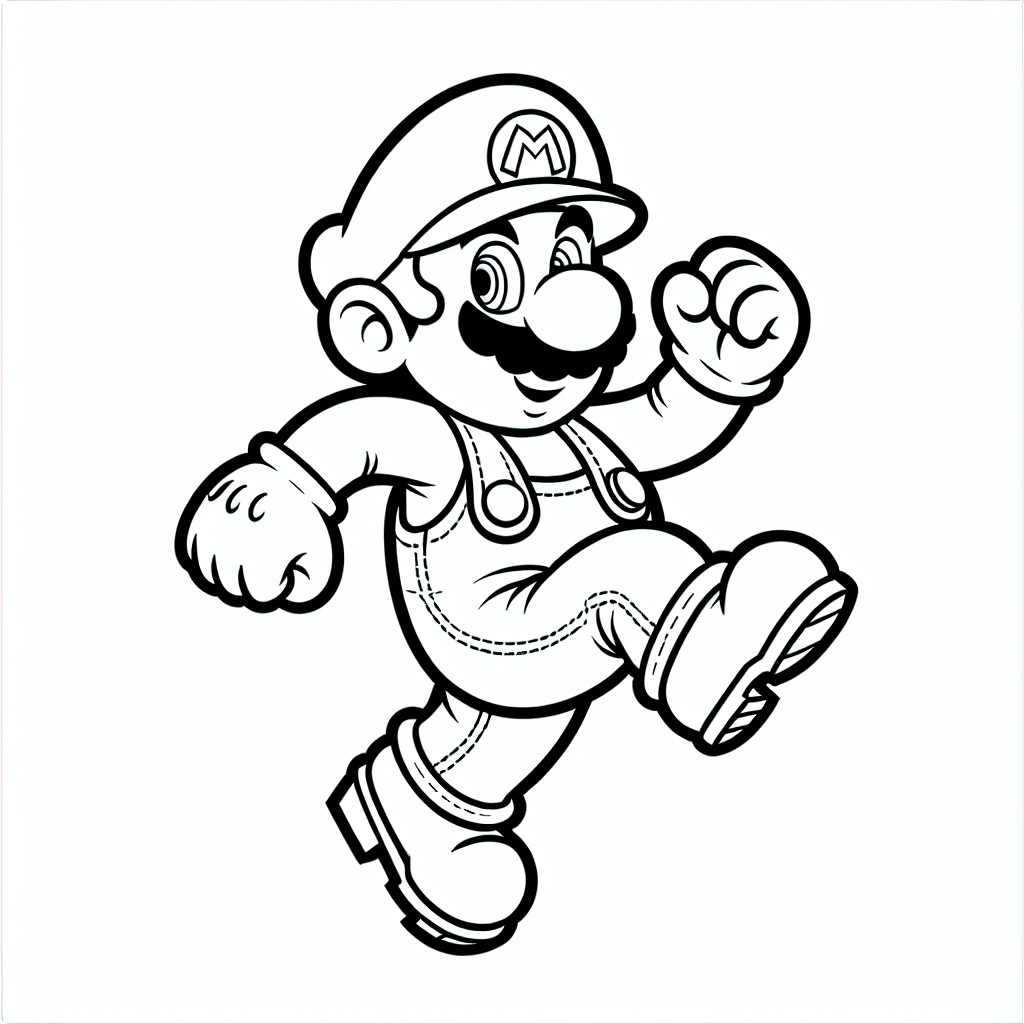 Desenhe uma imagem de super mario bros para colorir a imagem deve ser em preto e branco sem sombras e sem preenchimento adequada para crianas colorire