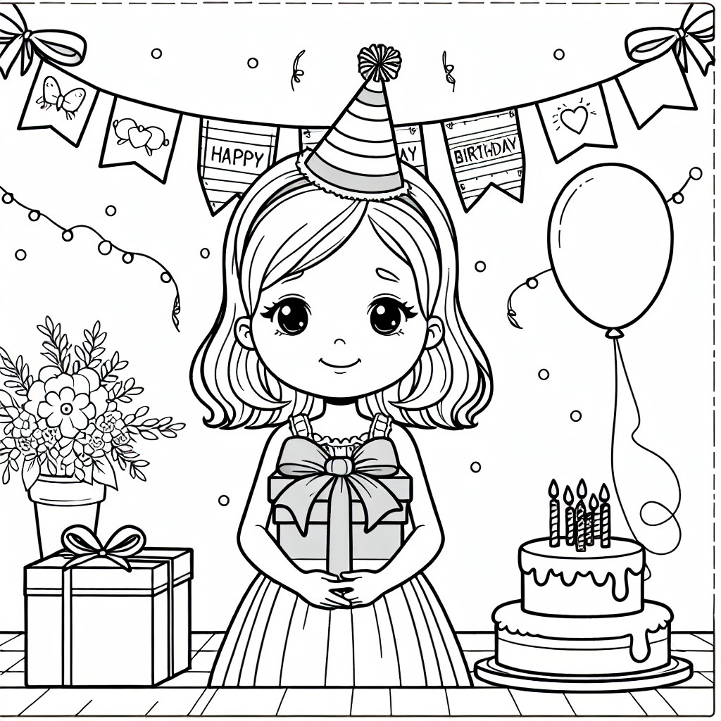 Desenho de aniversario simple da garotta para colorir e imprimir
