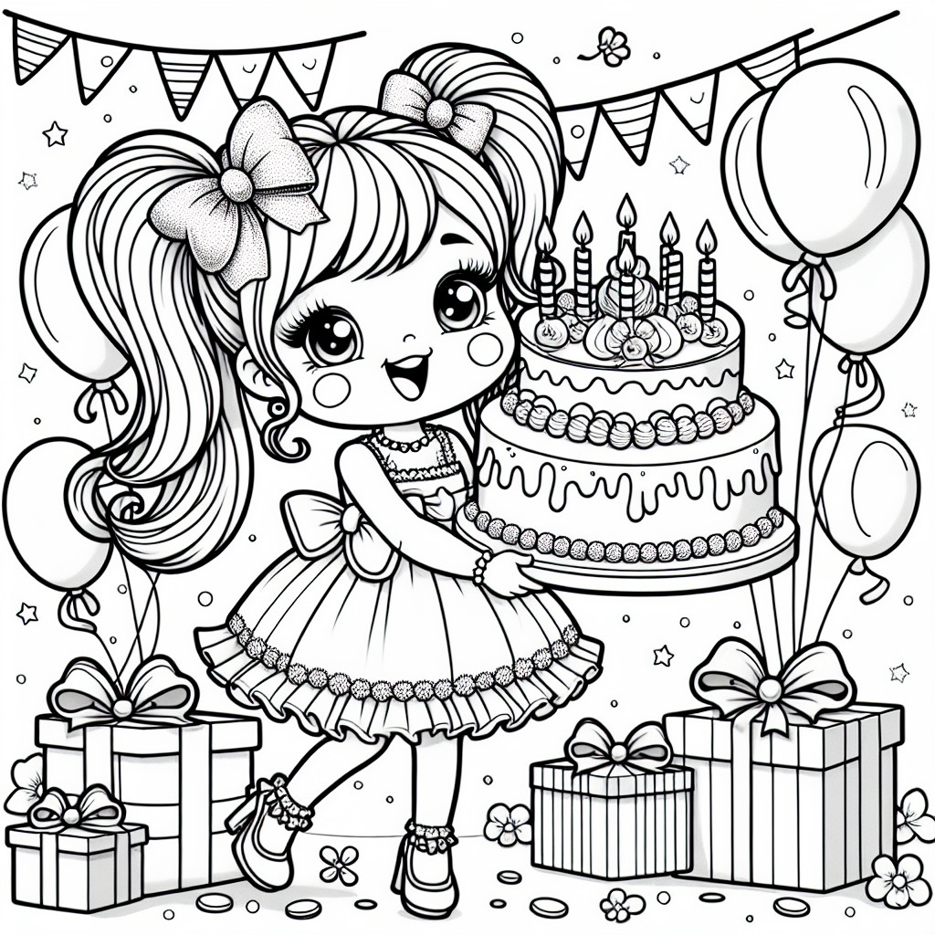 Desenho de aniversario simple da garotta para colorir e imprimir