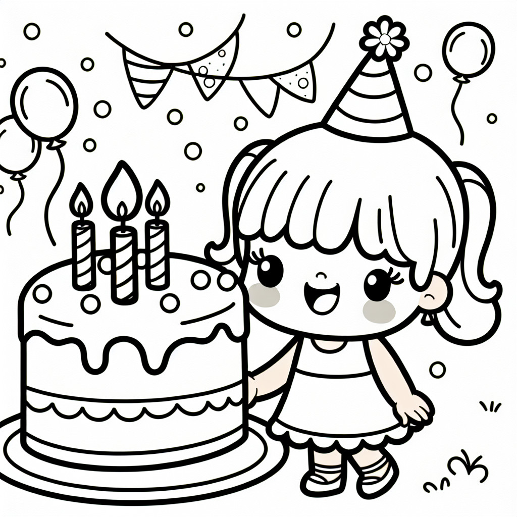 Desenho de aniversario simple da garotta para colorir e imprimir
