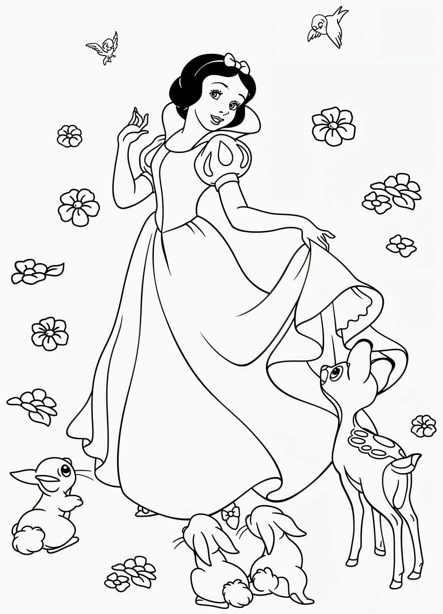 Desenho da branca de neve com animais para colorir e imprimir