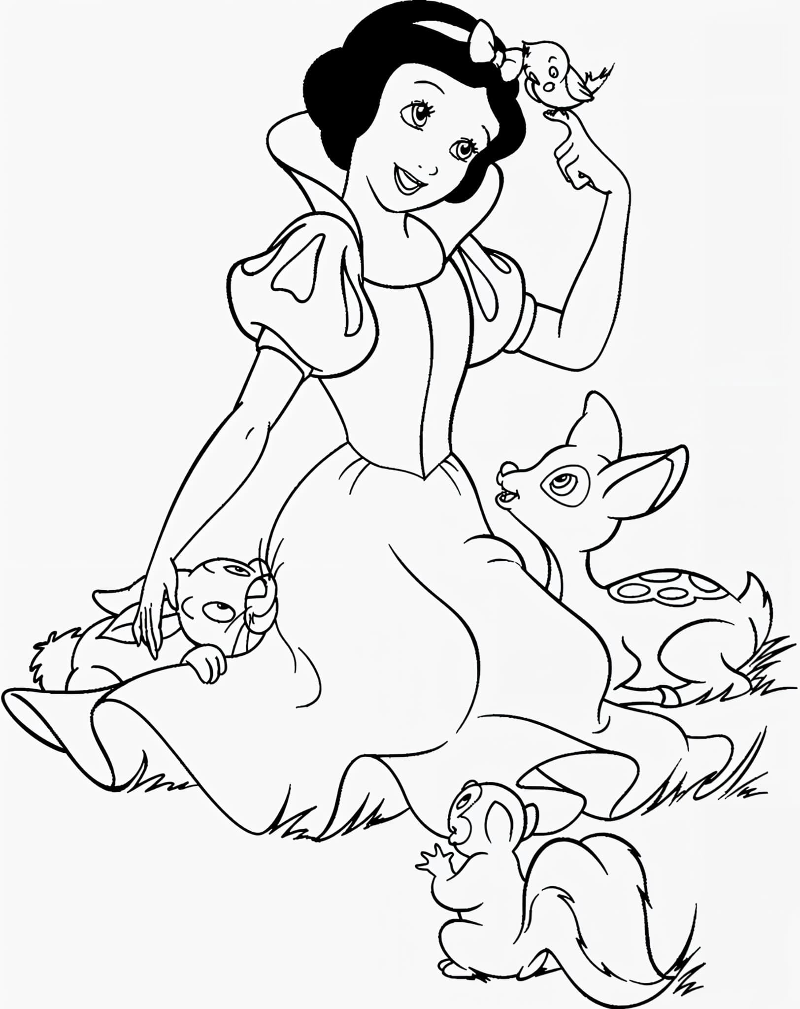 Desenho da branca de neve com animais para colorir