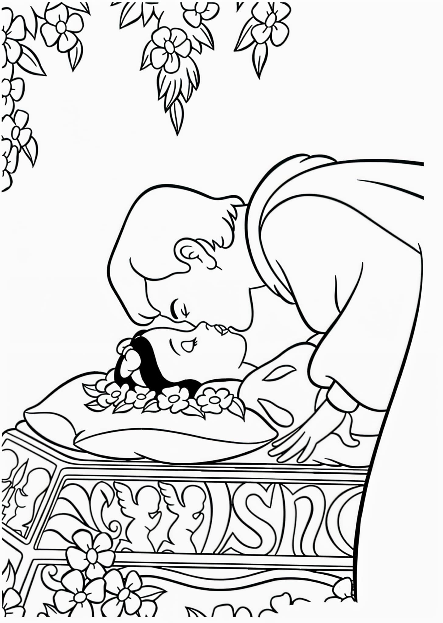 Desenho da branca de neve e príncipe se beijando para colorir